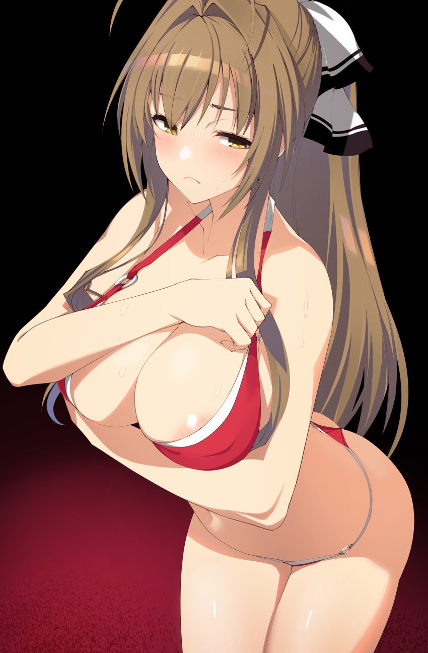 1girl absurdres ahoge amagi_brilliant_park areola_slip areolae arm_under_breasts bikini black_background blush breast_hold breasts brown_hair cleavage closed_mouth commentary commission covered_nipples cowboy_shot embarrassed eyebrows_visible_through_hair eyes_visible_through_hair frown furrowed_brow gradient gradient_background hair_between_eyes hair_intakes hair_ribbon halterneck highres large_breasts leaning_forward long_hair looking_away looking_to_the_side navel o-ring o-ring_bikini red_background red_bikini ribbon sento_isuzu simple_background skeb_commission solo standing stomach string_bikini sweat sweatdrop swimsuit thighs wazukani white_ribbon yellow_eyes