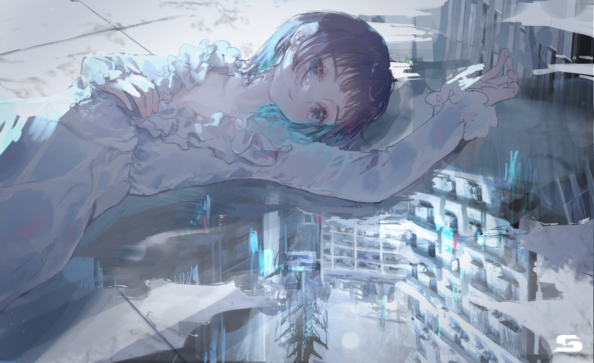 1girl arm_up bangs black_hair blue_eyes building building_block city closed_mouth dress eyelashes hand_on_own_chest highres light_blush light_reflection_(water) long_sleeves looking_down lying moon moonlight on_side original reflection short_hair sinsekai_city solo water white_dress