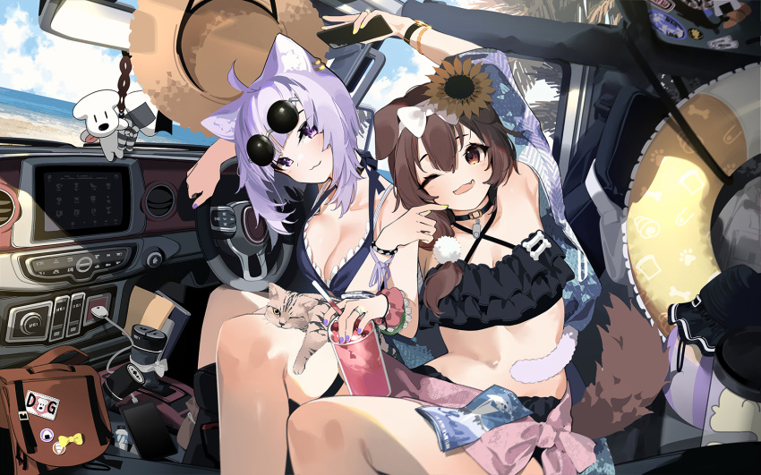 2girls animal animal_ears beach bikini brown_eyes brown_hair car cat catgirl clouds doggirl drink hat hololive inugami_korone long_hair mania_(fd6060_60) nekomata_okayu ponytail purple_eyes purple_hair sky sunglasses swim_ring swimsuit tail water wink