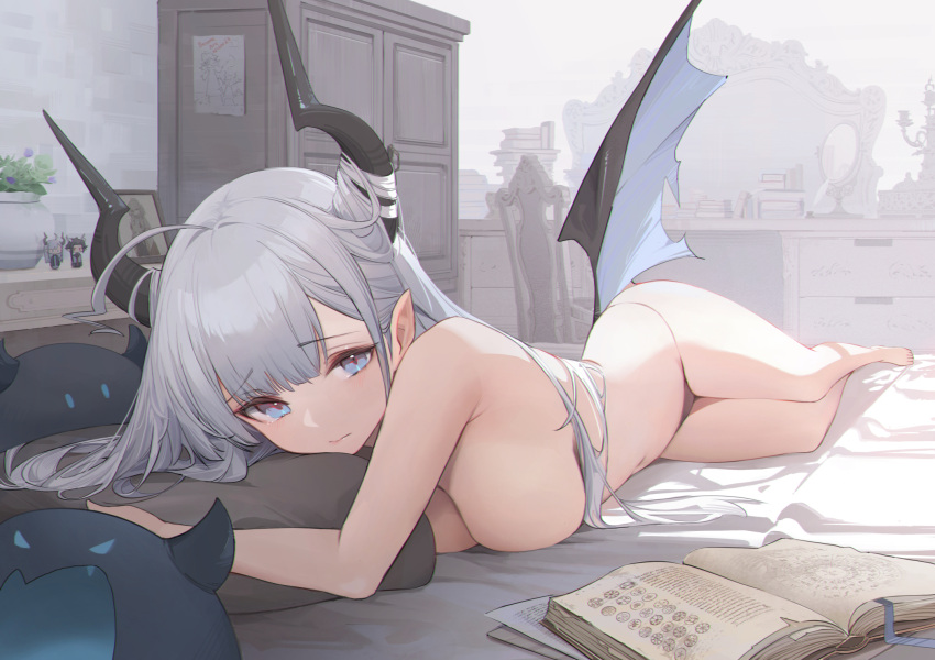 barefoot blue_eyes breasts demon gray_hair horns long_hair nekojira original panties pointed_ears polychromatic topless underwear wings