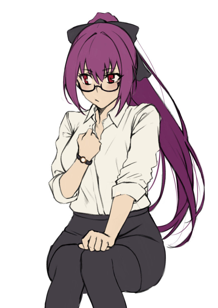 1girl absurdres bow breasts contemporary eyebrows_visible_through_hair fate/grand_order fate_(series) glasses hair_between_eyes hair_bow highres hiro_(hirohiro_gorira) long_hair pantyhose ponytail purple_hair red_eyes scathach_(fate) scathach_(fate)_(all) simple_background sitting skirt solo watch white_background