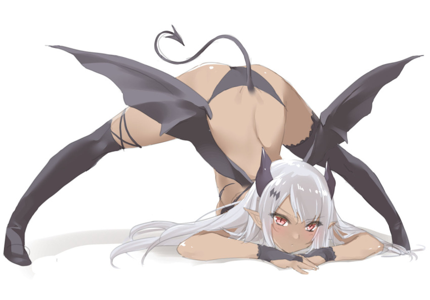 1girl 47agdragon arm_support ass back bangs bikini black_bikini black_wings blush breasts bridal_gauntlets closed_mouth commentary_request dark-skinned_female dark_skin demon_girl demon_horns demon_tail demon_wings eyebrows_visible_through_hair full_body horns jack-o'_challenge long_hair looking_at_viewer medium_breasts no_shoes original red_eyes sideboob silver_hair simple_background solo spread_legs swimsuit tail thighhighs top-down_bottom-up v-shaped_eyebrows very_long_hair white_background wings