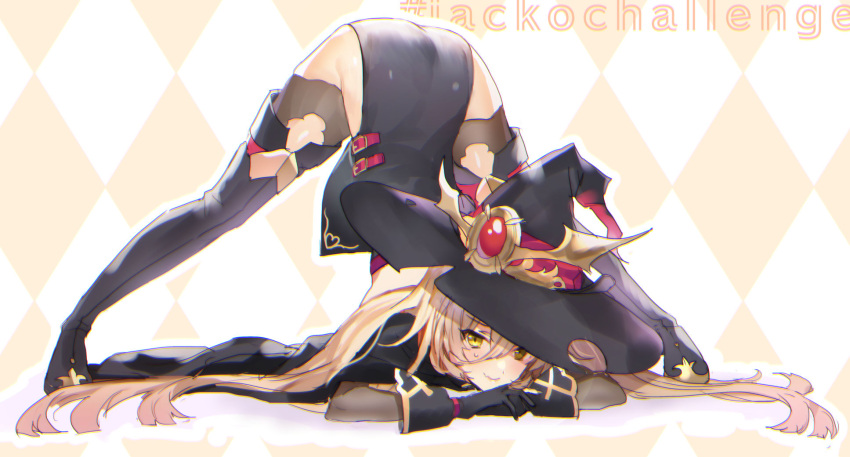 1girl arm_rest ass bangs bare_shoulders black_dress black_footwear black_gloves black_headwear blonde_hair blush boots breasts doushite dress flexible gloves hands_on_ground hat highres jack-o'_challenge large_breasts long_hair looking_at_viewer meme nijisanji nui_sociere pelvic_curtain pose smile solo spread_legs stretch thigh_boots thighhighs top-down_bottom-up virtual_youtuber wide_spread_legs witch_hat yellow_eyes