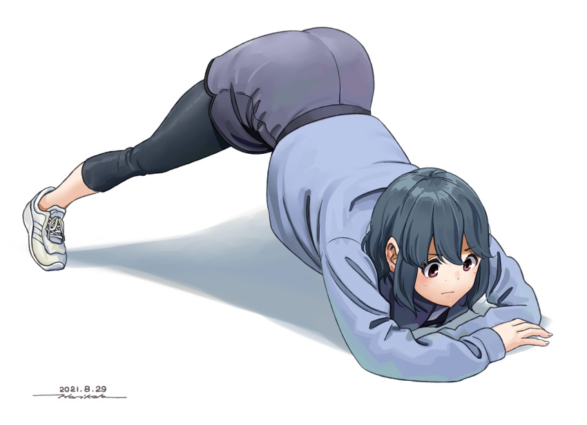 1girl ass blue_shirt closed_mouth commentary dated grey_hair horikou jack-o'_challenge leggings long_sleeves red_eyes sanpaku shima_saki shirt shoes signature simple_background solo top-down_bottom-up white_background white_footwear yurucamp