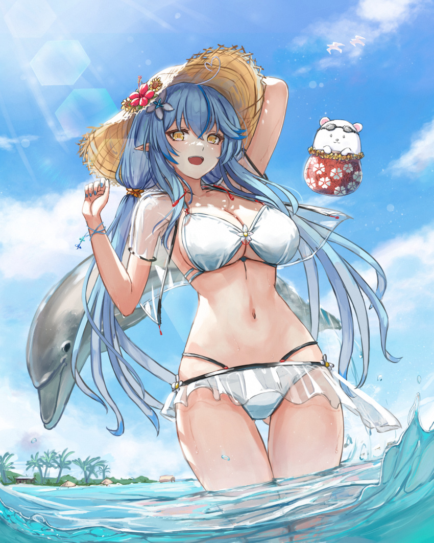 1girl absurdres ahoge ass_visible_through_thighs beach bikini bird blue_hair breasts cloud commentary cowboy_shot daifuku_(yukihana_lamy) dolphin elf floral_print flower hair_flower hair_ornament hair_tie hat heart_ahoge heart_hair highres hololive large_breasts lens_flare long_hair ocean open_mouth palm_tree pointy_ears sky straw_hat swimsuit tachikana6 tree twintails virtual_youtuber water wet white_bikini yellow_eyes yukihana_lamy