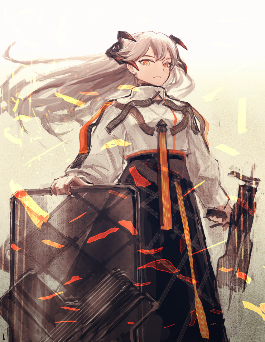 1girl @_@ arknights black_skirt closed_mouth commentary_request dragon_horns feet_out_of_frame floating_hair frown high-waist_skirt highres holding holding_shield holding_weapon horns long_hair long_skirt long_sleeves looking_at_viewer orange_eyes partial_commentary roncele saria_(arknights) shield shirt silver_hair skirt solo syringe_gun weapon white_shirt