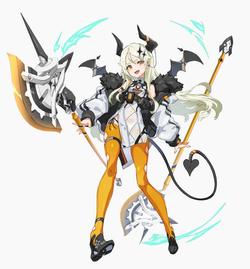 1girl axe breasts cancell demon_horns demon_tail demon_wings dual_wielding fur_collar hair_ornament highres holding horns jacket long_hair looking_at_viewer open_clothes open_jacket open_mouth orange_eyes orange_legwear original platinum_blonde_hair science_fiction side_slit skin_tight small_breasts solo tail thighhighs white_background wings