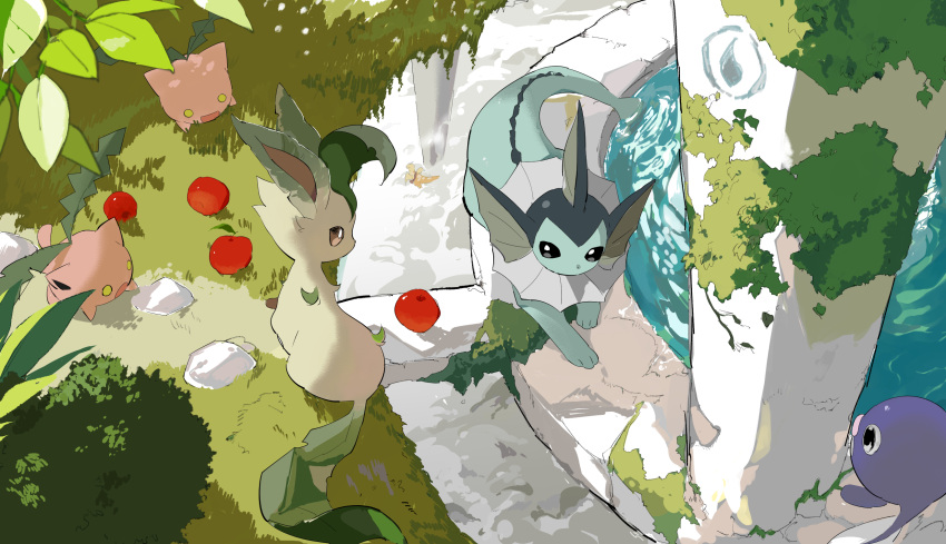 above_clouds animal_focus apios1 apple black_eyes blank_eyes bush cloud commentary day dragon dragonite flying food from_above fruit full_body gen_1_pokemon gen_2_pokemon gen_4_pokemon grass highres hoppip leaf leafeon moss no_humans open_mouth orange_eyes outdoors pillar pokemon pokemon_(creature) poliwag sitting vaporeon water yellow_eyes