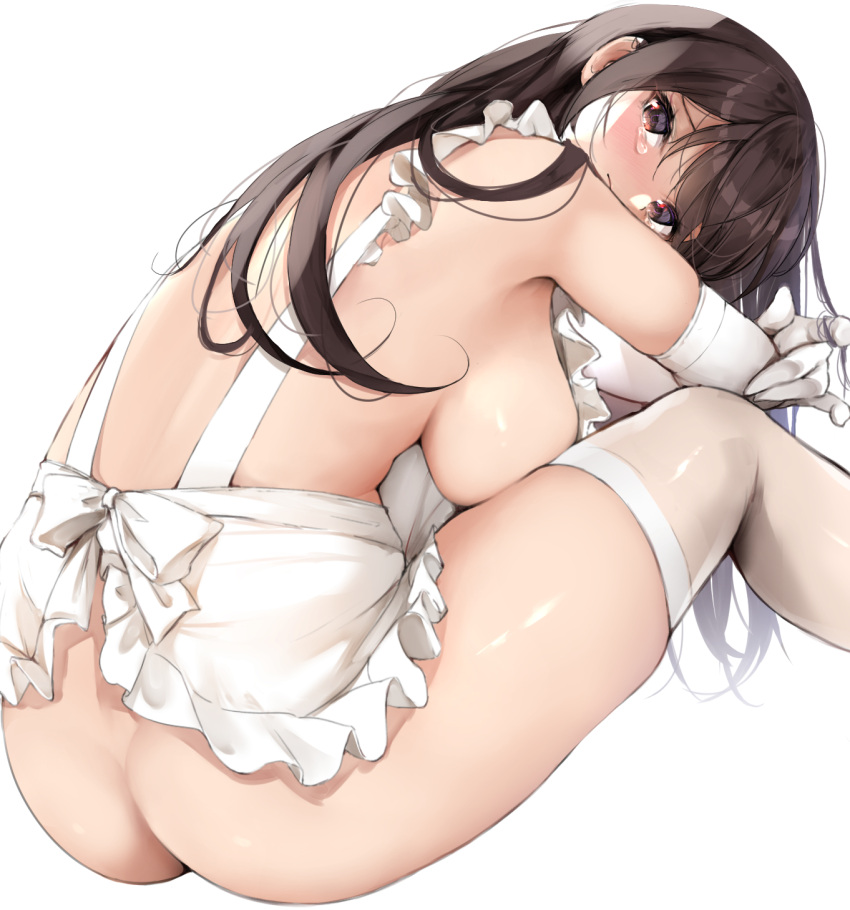 1girl apron ass back back_bow bangs banned_artist bare_shoulders blush bow breasts brown_hair closed_mouth elbow_gloves fay_(fay_axl) frilled_apron frills from_behind frown gloves highres knees_up large_breasts long_hair looking_at_viewer looking_back naked_apron original purple_eyes sideboob simple_background sitting solo swept_bangs thighhighs white_apron white_background white_bow white_gloves white_legwear