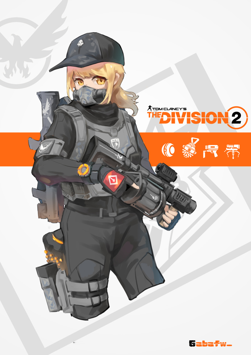 1girl absurdres baseball_cap black_gloves black_pants black_shirt blonde_hair fingerless_gloves gabafw gas_mask gloves grenade_launcher grey_background hat highres holster long_hair looking_at_viewer mask military military_uniform original pants ponytail shirt solo tom_clancy's_the_division trigger_discipline uniform vest weapon yellow_eyes