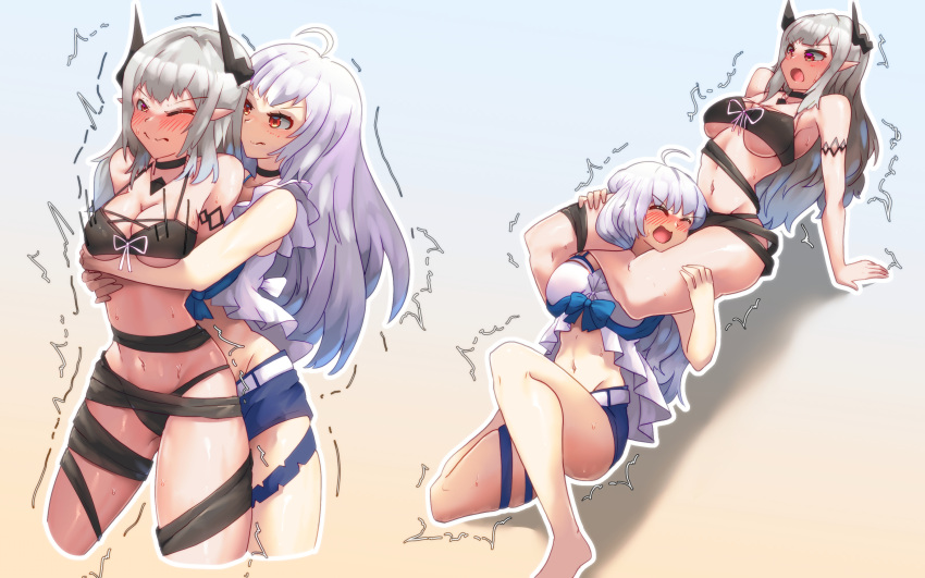 2girls absurdres ahoge arknights bakasp-lilzy bare_shoulders bearhug belt bikini black_bikini black_choker blue_shorts breasts choker highres horns medium_breasts motion_lines mudrock_(arknights) mudrock_(silent_night)_(arknights) multiple_girls navel official_alternate_costume pointy_ears red_eyes ryona scissorhold shirt shorts silver_hair skadi_(arknights) skadi_(waverider)_(arknights) swimsuit white_belt white_shirt wrestling