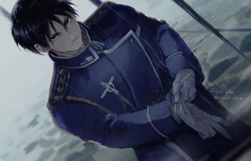 1boy adjusting_clothes adjusting_gloves aiguillette amestris_military_uniform black_eyes black_hair blue_jacket blurry blurry_background collared_jacket darkness dutch_angle epaulettes expressionless floor fog from_above fullmetal_alchemist gloves hands_up highres jacket looking_at_viewer looking_up magic_circle male_focus military military_uniform motion_lines muted_color outdoors parted_lips rain roy_mustang shiny shiny_hair spiked_hair standing stone_floor tsurime twitter_username uniform upper_body water_drop wet wet_hair white_gloves yuu_(kotobana_0418)