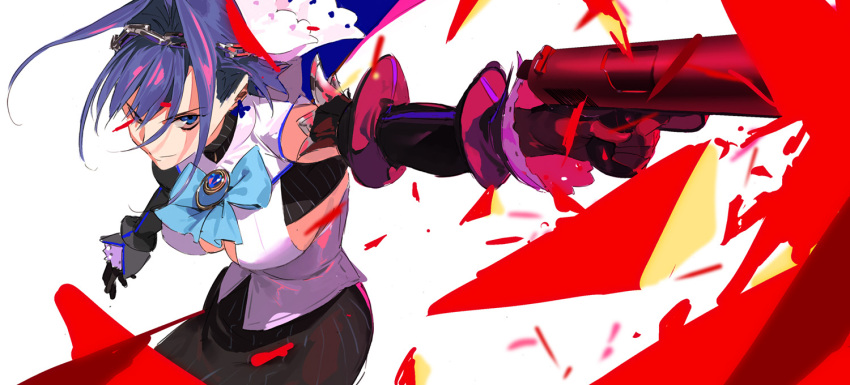 1girl black_gloves blue_eyes blue_hair bow chain detached_sleeves earrings gloves gun hair_intakes handgun holding holding_gun holding_weapon hololive hololive_english jewelry m1911 ouro_kronii pako pistol shards skirt striped striped_skirt superhot virtual_youtuber weapon white_background
