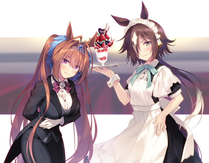 2girls alternate_costume animal_ears apron black_dress blush breasts brown_eyes brown_hair buttons closed_mouth collared_shirt daiwa_scarlet_(umamusume) dress enmaided eyebrows_visible_through_hair food formal fruit gloves hair_between_eyes hair_intakes hair_over_one_eye holding holding_tray horse_ears horse_girl horse_tail large_breasts long_hair long_sleeves looking_at_viewer maid maid_headdress motomiya_mitsuki multiple_girls parfait purple_eyes shirt short_hair short_sleeves signature strawberry suit tail tiara tray twintails umamusume very_long_hair vodka_(umamusume) white_apron white_gloves white_hair white_shirt