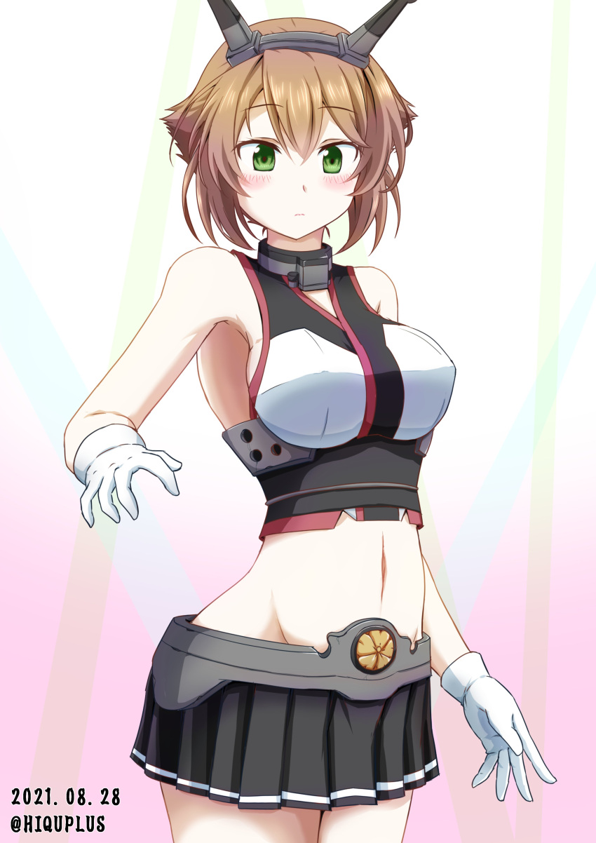 1girl absurdres artist_name breasts brown_hair commentary_request cowboy_shot crop_top dated gloves gradient gradient_background green_eyes hairband headgear highres hiqu kantai_collection large_breasts midriff miniskirt mutsu_(kancolle) pink_background radio_antenna short_hair skirt solo standing white_background white_gloves