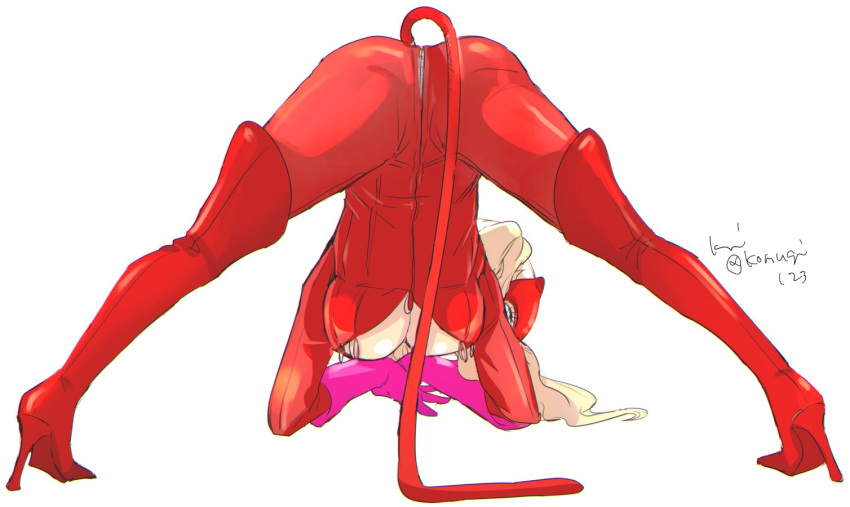 1girl ass blonde_hair bodysuit boots breasts commentary_request crotch_seam fake_tail from_behind gloves high_heel_boots high_heels jack-o'_challenge komugi_(mugiwaraclub) large_breasts latex long_hair meme persona persona_5 red_bodysuit red_footwear red_mask shiny shiny_clothes signature solo tail takamaki_anne thigh_boots thighhighs underboob upside-down