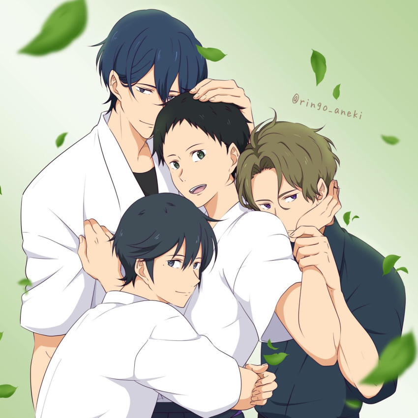 5boys black_hair blue_hair fujiwara_shuu gradient gradient_background green_background grey_eyes highres hug japanese_clothes leaf looking_at_viewer male_focus male_harem masaki_takigawa minato_narumiya mole mole_under_eye multiple_boys purple_eyes short_hair takehaya_seiya tsurune:_kazemai_koukou_kyuudoubu twitter_username upper_body very_short_hair yaoi