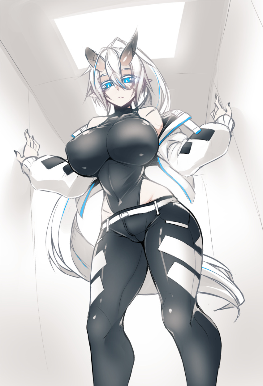 1girl black_leotard black_nails blue_eyes breasts bright_pupils broken_horn closed_mouth covered_navel expressionless feet_out_of_frame fingernails hair_between_eyes hands_up highleg highleg_leotard highres horns huge_breasts jacket leggings leotard long_hair long_sleeves looking_at_viewer nail_polish oni oni_horns open_clothes open_jacket original pointy_ears ponytail scar scar_on_cheek scar_on_face sleeves_past_wrists solo standing sub-res very_long_hair white_hair white_jacket white_pupils