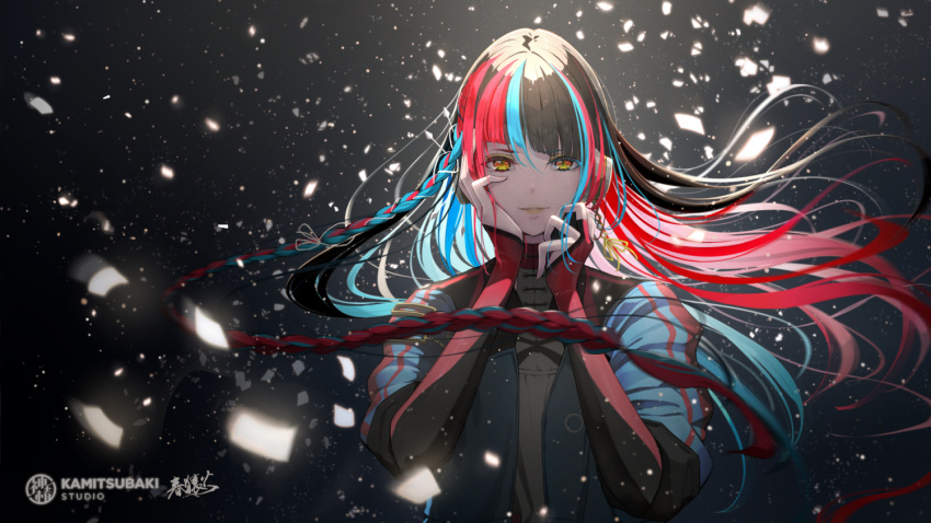 1girl bangs black_hair blue_hair blue_jacket braid bridal_gauntlets commentary_request copyright_name eyebrows_visible_through_hair floating_hair hair_between_eyes hands_up harusaruhi headphones hoshizaki_reita jacket kamitsubaki_studio long_hair looking_at_viewer multicolored_hair official_art open_clothes open_jacket parted_lips red_hair shirt short_sleeves smile solo two-tone_hair upper_body very_long_hair virtual_youtuber white_shirt yellow_eyes