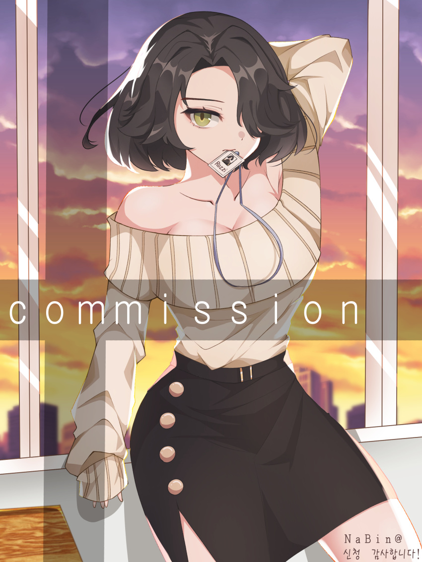 1girl absurdres against_window arm_behind_head black_hair black_skirt black_survival blush breasts cityscape cleavage closed_mouth cloud cloudy_sky collarbone commentary_request commission error gradient gradient_legwear green_eyes hair_over_one_eye highres id_card indoors korean_commentary long_sleeves looking_at_viewer medium_breasts medium_hair mouth_hold na_bin_(user_nmyh4242) off-shoulder_sweater off_shoulder rozzi_(black_survival) serious side_slit skirt sky sleeves_past_wrists solo sweater watermark window yellow_sweater