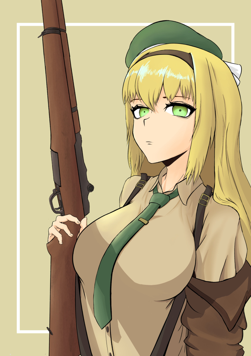 1girl beret blonde_hair breasts brown_jacket brown_shirt closed_mouth eyebrows_visible_through_hair girls'_frontline green_eyes green_neckwear gun hair_ribbon hairband hat highres holding holding_weapon jacket jacket_pull large_breasts long_hair looking_at_viewer m1_garand m1_garand_(girls'_frontline) necktie ribbon rifle rossam shirt simple_background solo suspenders weapon