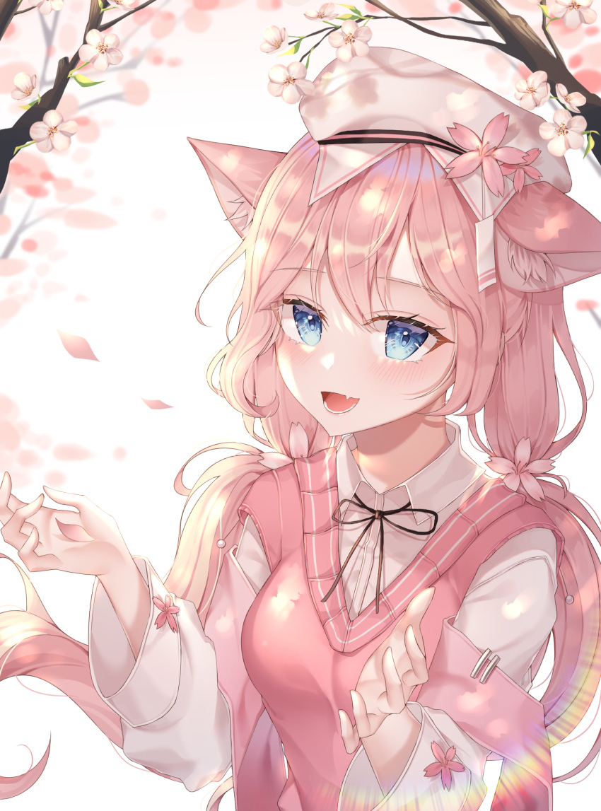 1girl :3 :d animal_ears bangs blue_eyes blurry bow bowtie cat_ears cherry_blossoms commentary_request depth_of_field eyebrows_visible_through_hair hair_between_eyes hat highres lisa_78 long_hair long_sleeves looking_at_viewer low_twintails open_mouth original petals pink_hair school_hat sidelocks simple_background smile solo tree twintails vest_over_shirt wide_sleeves