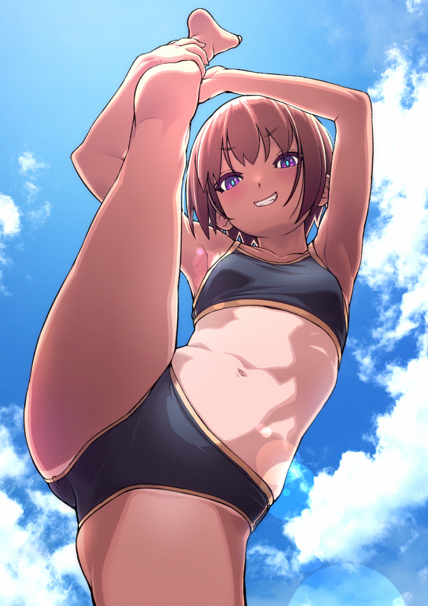 1girl armpits bangs barefoot bikini black_bikini blush breasts brown_hair cloud commentary day foreshortening from_below glowing glowing_eyes grin hand_on_own_leg highres looking_at_viewer looking_down midriff navel original purple_eyes short_hair sky small_breasts smile smug solo split sports_bikini standing standing_on_one_leg standing_split swimsuit tan tanlines v-shaped_eyebrows wang-pac