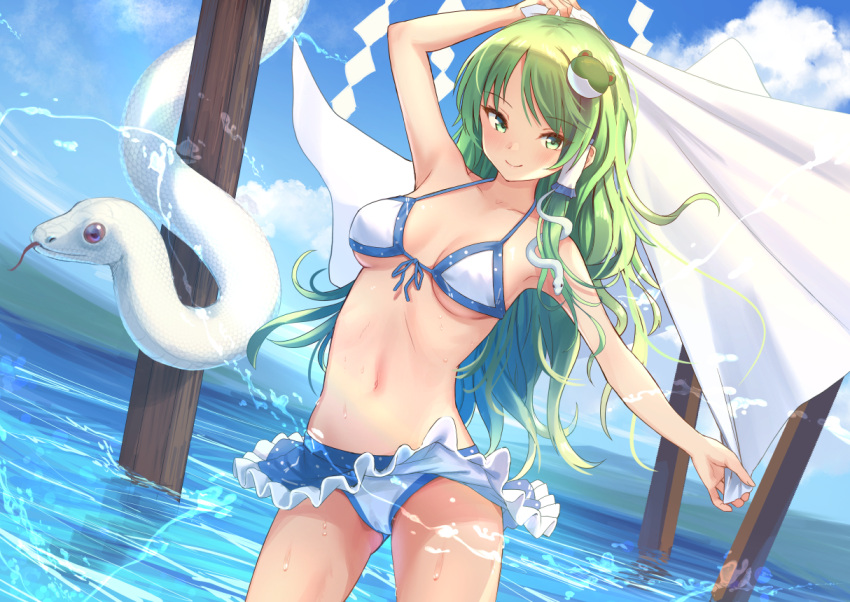 aliasing animal bikini clouds green_eyes green_hair kochiya_sanae long_hair navel roke_(taikodon) skirt sky snake swimsuit touhou water