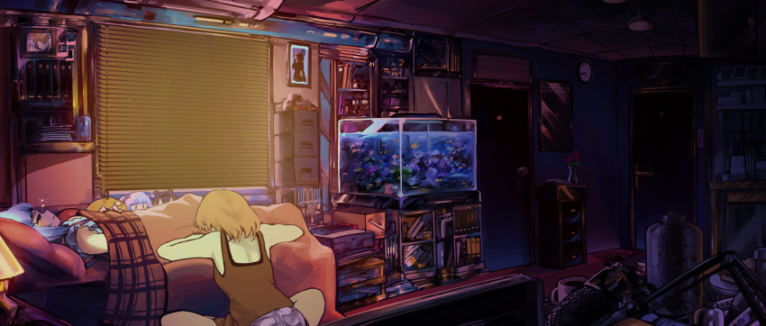 2girls absurdres air_conditioner blinds blonde_hair bottle bug cabinet character_doll clock coffee_mug cup door fish_tank from_behind gawr_gura highres hololive hololive_english indian_style indoors lying medium_hair microphone mug multiple_girls ninomae_ina'nis nintendo_switch on_bed portrait_(object) room shirt shorts sitting sleeping sleepy sleeveless sleeveless_shirt spider virtual_youtuber vyragami waking_up wall_clock watson_amelia