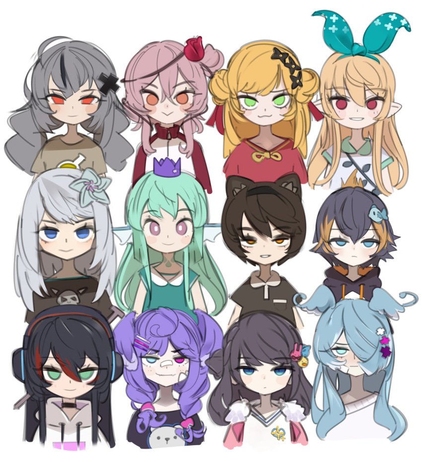 6+girls ban_hada bandaid bandaid_on_nose bangs black_hair black_shirt blonde_hair blue_eyes blue_hair blush braid bright_pupils brown_hair brown_shirt collarbone collared_shirt crown double_bun elira_pendora expressionless eyebrows_visible_through_hair finana_ryugu fish_hair_ornament flower frown green_eyes green_hair grey_hair hair_flower hair_ornament hair_over_one_eye hairclip head_wings heterochromia highres hood hoodie hyona_elatiora jacket jitome long_hair looking_at_viewer mika_melatika multicolored multicolored_clothes multicolored_hair multicolored_jacket multiple_girls nijisanji nijisanji_en nijisanji_id nijisanji_kr off_shoulder one_eye_covered onionsketch panther_ears petra_gurin pink_jacket pink_shirt plant pointy_ears pomu_rainpuff purple_eyes purple_hair red_eyes red_flower red_hair red_jacket rosemi_lovelock seffyna selen_tatsuki shirt short_sidetail side_bun silver_hair smile song_mia stitched streaked_hair sweater thorns track_jacket twin_braids two-tone_jacket vines virtual_youtuber white_hoodie white_jacket white_pupils white_shirt white_sweater xia_ekavira