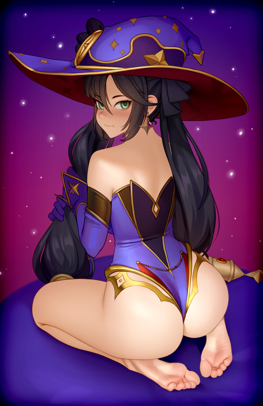 1girl :t absurdres ass bangs bare_legs bare_shoulders barefoot black_hair commentary detached_sleeves earrings feet from_behind full_body genshin_impact gloves green_eyes hair_between_eyes hat highres jewelry kairunoburogu leotard long_hair looking_at_viewer looking_back mona_(genshin_impact) pout purple_gloves sitting soles solo toes twintails very_long_hair witch_hat