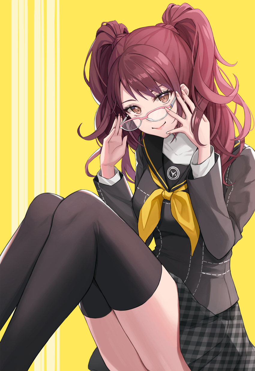 kujikawa_rise megane megaten persona persona_4 seifuku skirt_lift tagme thighhighs