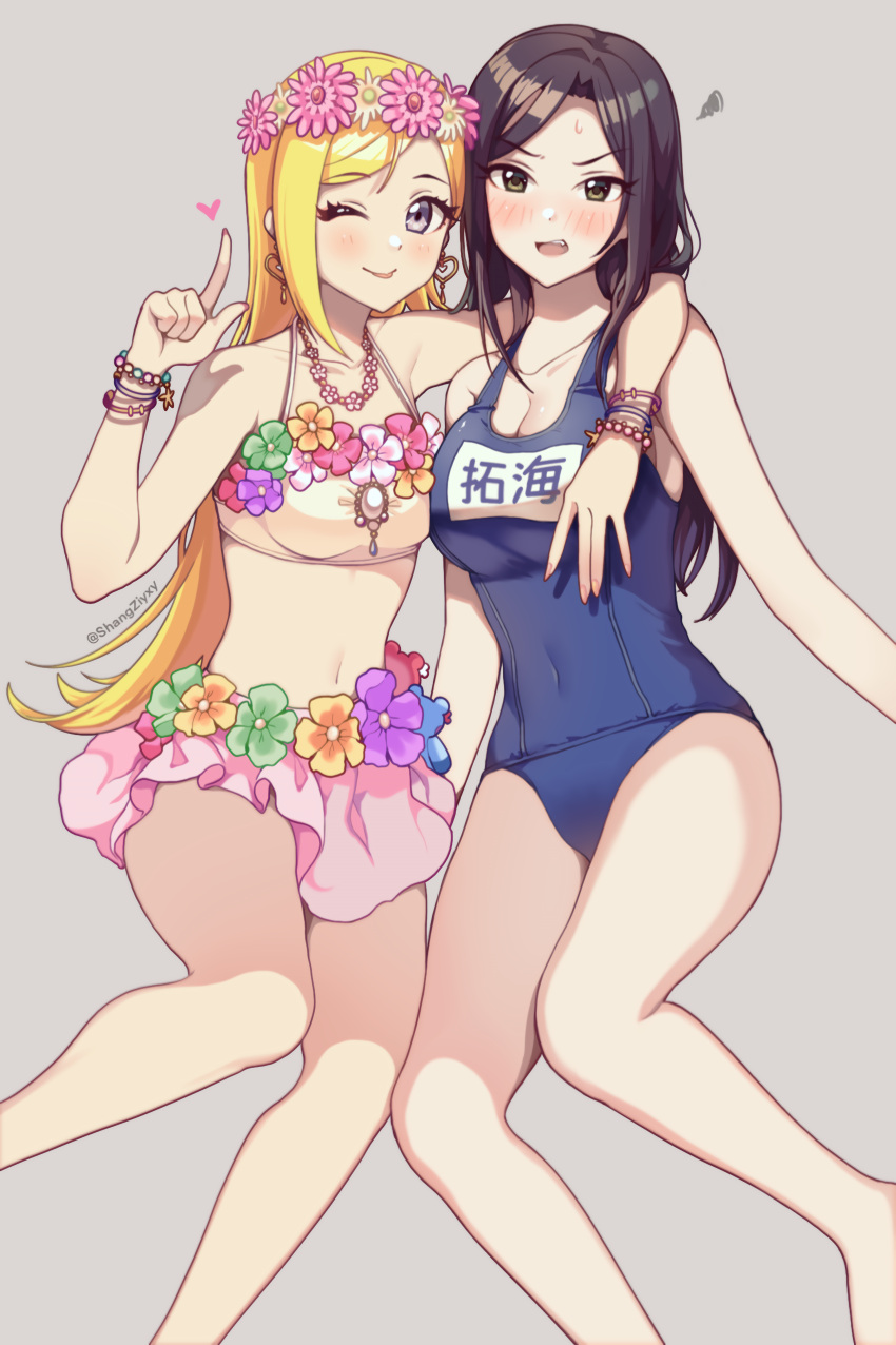 2girls absurdres bikini_skirt black_hair blonde_hair blue_swimsuit blush bracelet breasts brown_eyes cleavage earrings flower fujimoto_rina grey_background hair_flower hair_ornament hand_on_another's_shoulder heart heart_earrings highres idolmaster idolmaster_cinderella_girls idolmaster_cinderella_girls_starlight_stage jewelry large_breasts long_hair midriff mukai_takumi multiple_girls navel necklace one-piece_swimsuit one_eye_closed open_mouth pointing pointing_up purple_eyes school_swimsuit shangzi simple_background swimsuit tongue tongue_out twitter_username white_swimsuit