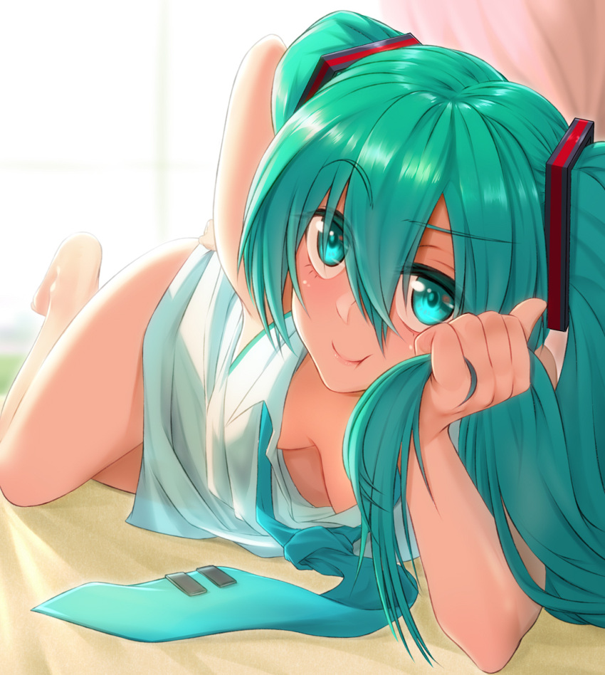 1girl :t aqua_eyes aqua_hair backlighting bangs bare_legs barefoot blue_neckwear breasts cheek_rest cheek_squash closed_mouth commentary_request downblouse eyebrows_visible_through_hair hand_on_hip hatsune_miku highres holding holding_hair long_hair looking_at_viewer lying necktie no_bra on_side shirt small_breasts smile solo twintails very_long_hair vocaloid white_shirt yamauchi_(conan-comy)