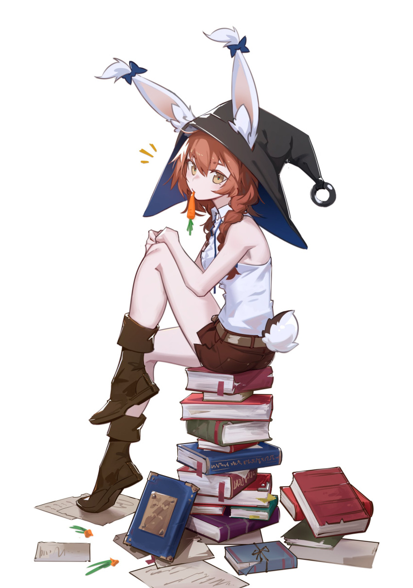 1girl absurdres animal_ear_fluff animal_ears black_footwear blue_bow book book_stack boots borrowed_character bow braid brown_shorts carrot commentary deel_(rkeg) ear_bow ears_through_headwear english_commentary gift_art hair_between_eyes hat highres knee_up long_hair looking_at_viewer mouth_hold notice_lines orange_hair original rabbit_ears rabbit_girl shirt shorts simple_background sitting sleeveless sleeveless_shirt solo twin_braids white_background white_shirt witch_hat yellow_eyes