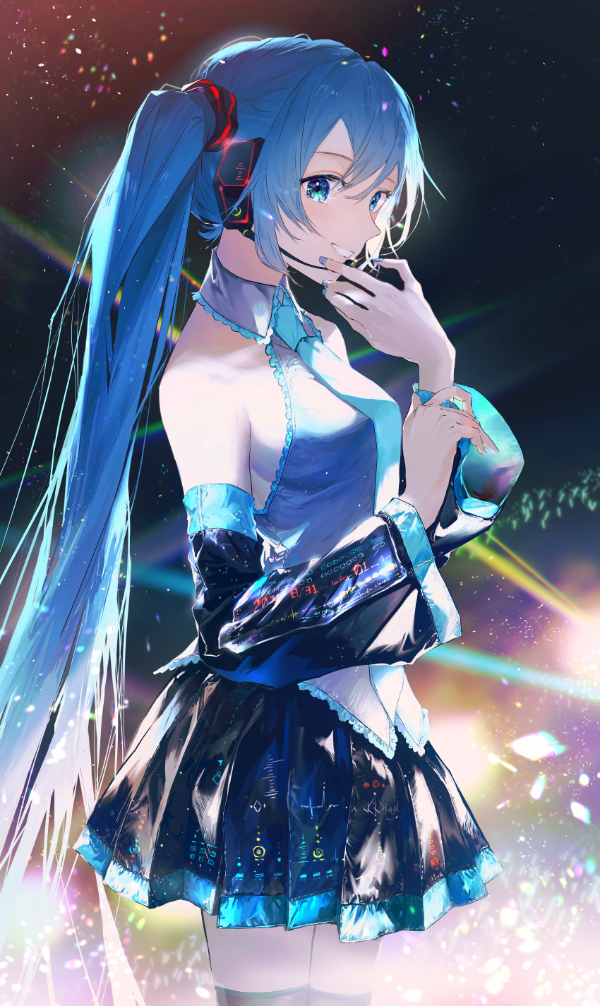 1girl absurdres aqua_eyes aqua_hair aqua_neckwear black_sleeves detached_sleeves facing_to_the_side hatsune_miku headset highres karanagare_4 lens_flare long_hair looking_at_viewer necktie skirt smile solo sparkle very_long_hair vocaloid