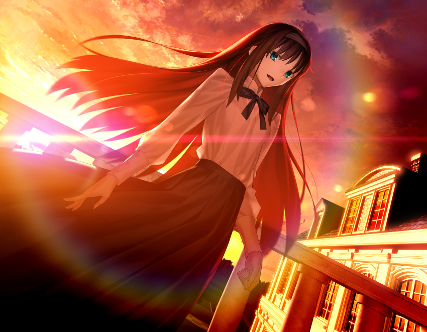 :d absurdres arms_at_sides bangs black_hair black_hairband black_neckwear black_skirt bloom blue_eyes breasts building clenched_hand cloud diffraction_spikes dutch_angle evening feet_out_of_frame from_below game_cg gradient_hair hair_spread_out hairband highres house huge_filesize lens_flare long_hair long_skirt long_sleeves looking_at_viewer mansion multicolored_hair neck_ribbon official_art open_mouth orange_sky outdoors pleated_skirt red_hair ribbon shirt sidelocks skirt sky small_breasts smile standing sunset takeuchi_takashi tohno_akiha tsukihime tsukihime_(remake) white_shirt wind