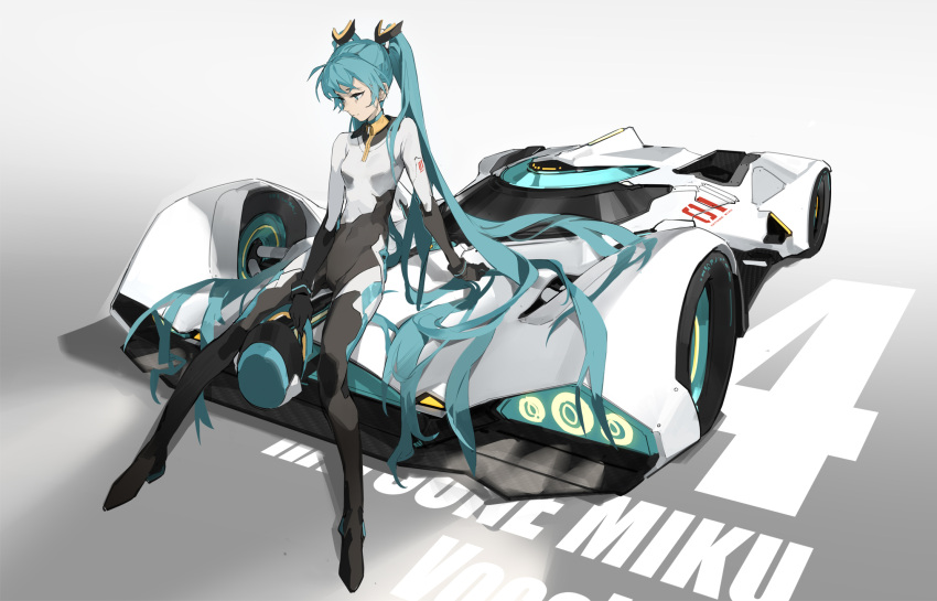 1girl aqua_eyes aqua_hair black_gloves bodysuit breasts car covered_navel gloves ground_vehicle hatsune_miku headwear_removed helmet helmet_removed highres long_hair motor_vehicle nine_(liuyuhao1992) race_vehicle solo twintails very_long_hair vocaloid