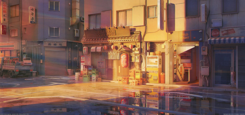arsenixc car cart city door game_cg ground_vehicle highres light_rays love_money_rock'n'roll motor_vehicle no_humans official_art puddle reflection road scenery shadow sign signature street sunbeam sunlight trash_can truck ventilation_shaft window
