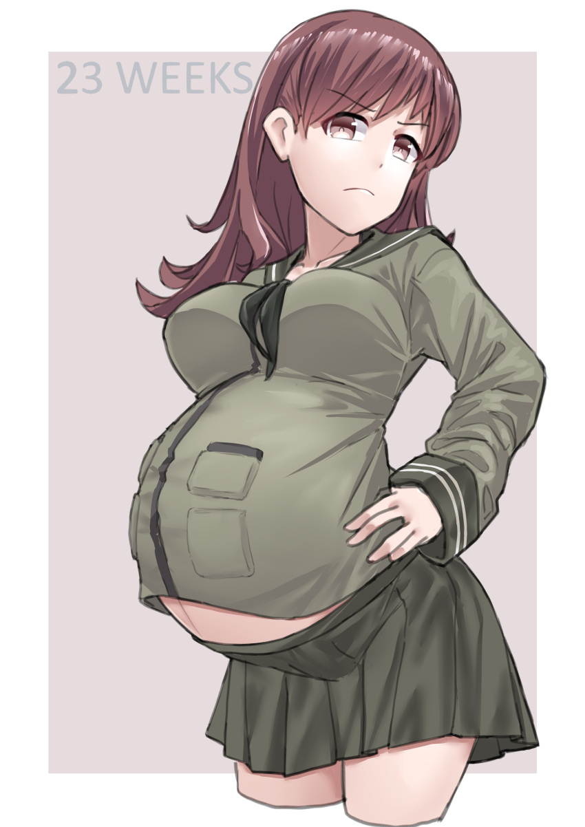 1girl absurdres angry border breasts brown_eyes brown_hair commentary_request frown garylin green_serafuku hand_on_hip highres kantai_collection large_breasts long_hair looking_at_viewer neckerchief ooi_(kancolle) pregnant purple_background school_uniform serafuku solo white_border