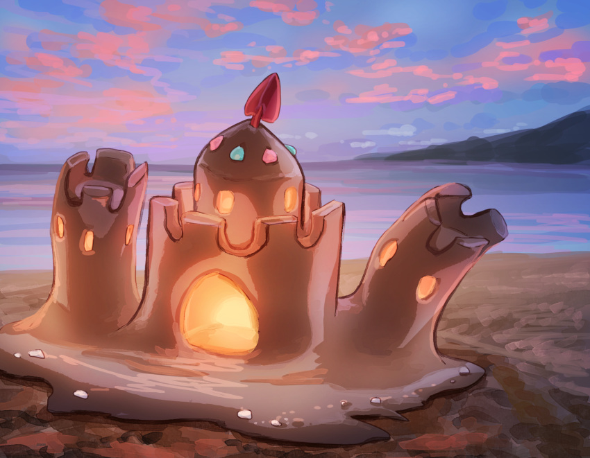 cloud commentary_request fusenryo gen_7_pokemon glowing highres no_humans outdoors palossand pokemon pokemon_(creature) sand sand_castle sand_sculpture shore sky twilight water