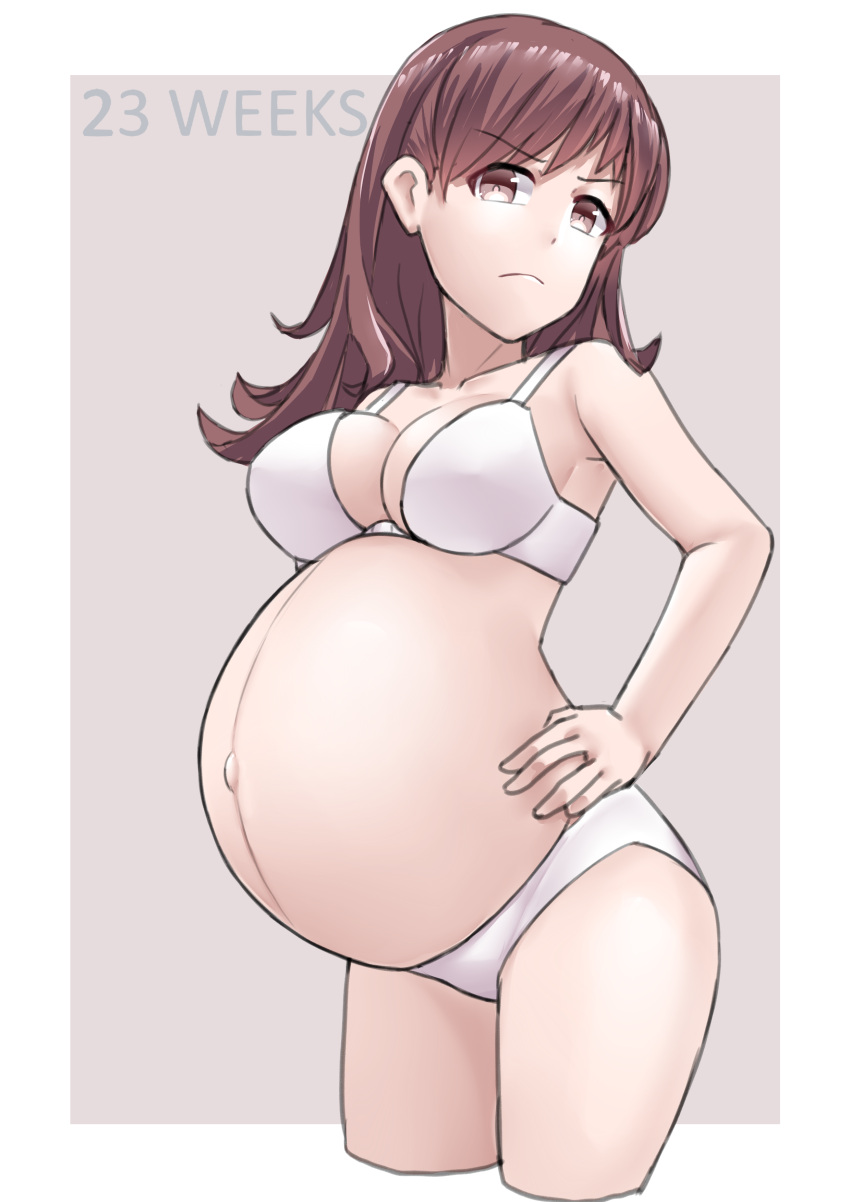 1girl absurdres angry border bra breasts brown_eyes brown_hair commentary_request frown garylin hand_on_hip highres kantai_collection large_breasts long_hair looking_at_viewer ooi_(kancolle) panties pregnant purple_background solo underwear white_border white_bra white_panties