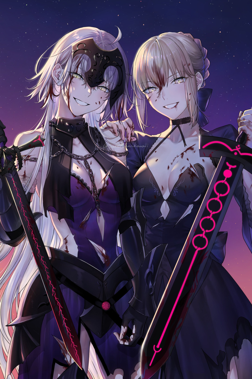 2girls absurdres ahoge artoria_pendragon_(fate) bangs blonde_hair blood blood_on_chest blood_on_clothes blood_on_face braid breasts dress excalibur_morgan_(fate) fate/grand_order fate/stay_night fate_(series) french_braid hair_ornament hand_on_another's_shoulder highres holding holding_sword holding_weapon jeanne_d'arc_(alter)_(fate) jeanne_d'arc_(fate)_(all) long_hair looking_at_viewer medium_breasts multiple_girls nipi27 reverse_grip saber_alter short_hair silver_hair smile sword torn_clothes weapon yellow_eyes