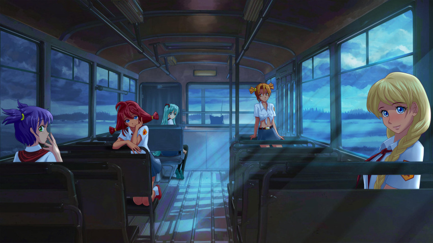 6+girls ahoge animal_ears aqua_hair arsenixc artist_request bangs belt belt_buckle black_legwear blonde_hair blue_eyes blue_hair blue_skirt blush braid buckle bus bus_interior cat_ears closed_mouth cloud cloudy_sky collared_shirt dvach-tan everlasting_summer game_cg green_eyes ground_vehicle hair_between_eyes hair_ornament hair_over_shoulder hatsune_miku highres horizon indoors lips long_hair looking_at_viewer medium_hair moonlight motor_vehicle multiple_girls navel neckerchief night official_art orange_eyes orange_hair parted_lips photoshop_(medium) pioneer_neckerchief purple_hair red_footwear red_hair red_neckwear scenery seat shirt shoes short_hair short_sleeves short_twintails sitting skirt sky slavya-chan smile socks soviet_pioneer standing stomach thighhighs twin_braids twintails unyl-chan ussr-tan uvao-tan very_long_hair vocaloid white_legwear white_shirt window