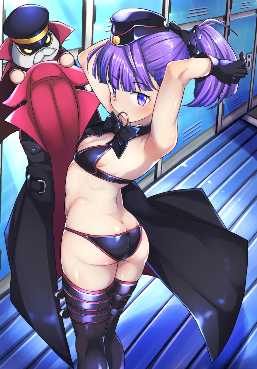 1girl armpits arms_behind_head arms_up ass bangs bare_shoulders bikini black_bikini black_bow black_coat black_footwear black_headwear boots bow breasts coat coat_removed collarbone colonel_olcott_(fate) fate/grand_order fate_(series) garrison_cap hair_bow hat helena_blavatsky_(fate) helena_blavatsky_(swimsuit_archer)_(fate) highres locker locker_room looking_at_viewer looking_back ponytail purple_eyes purple_hair short_hair short_ponytail small_breasts swimsuit thigh_boots thighhighs thighs tying_hair yossy_(yossy1130)