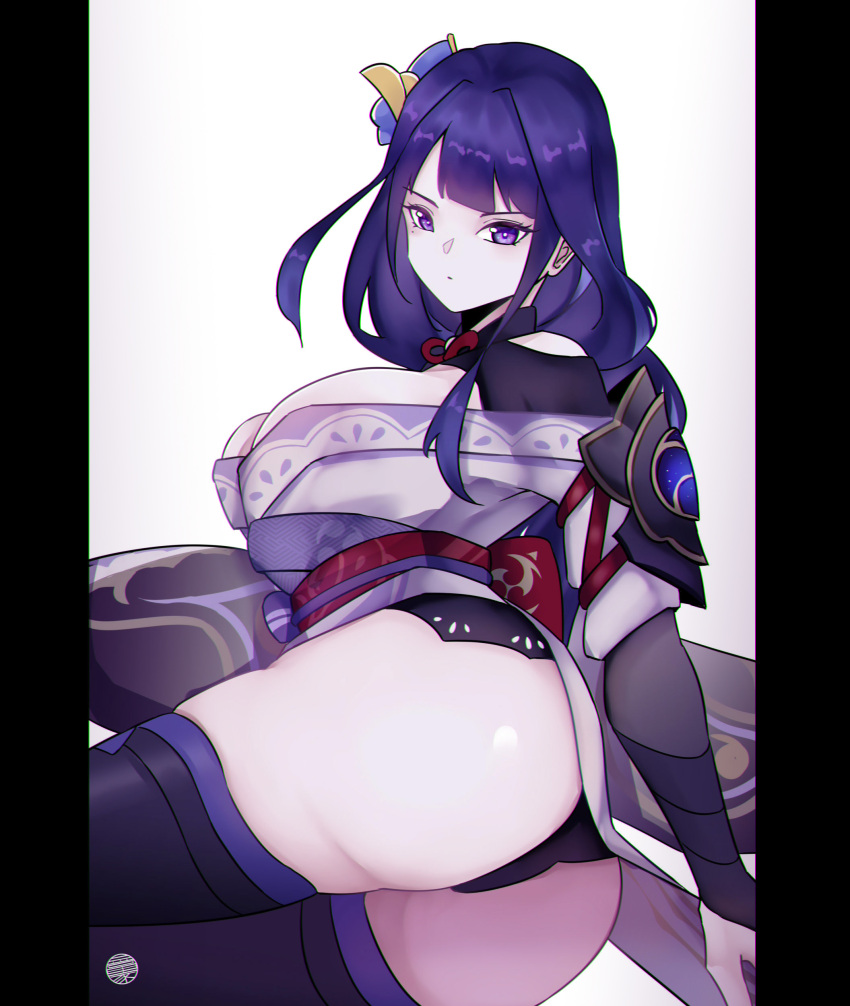 1girl absurdres armor ass bangs braid breasts closed_mouth commentary_request flower genshin_impact hair_ornament highres japanese_clothes jrpulse kimono lace-trimmed_panties lace_trim large_breasts long_hair looking_at_viewer mole mole_under_eye obi obiage panties purple_eyes purple_flower purple_hair raiden_shogun ribbon sash shoulder_armor simple_background solo thighhighs thighs underwear white_background