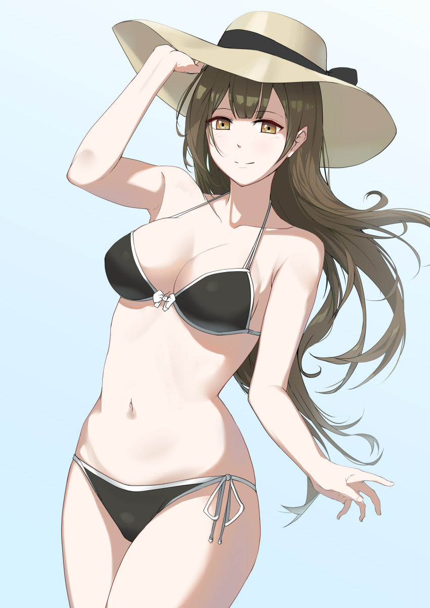 1girl absurdres bare_shoulders bikini black_bikini black_swimsuit breasts brown_eyes brown_hair cleavage closed_mouth collarbone copper eyebrows_visible_through_hair from_below halterneck hand_on_headwear hat highres idolmaster idolmaster_shiny_colors kuwayama_chiyuki long_hair looking_at_viewer medium_breasts navel side-tie_bikini simple_background smile solo standing string_bikini sun_hat swimsuit