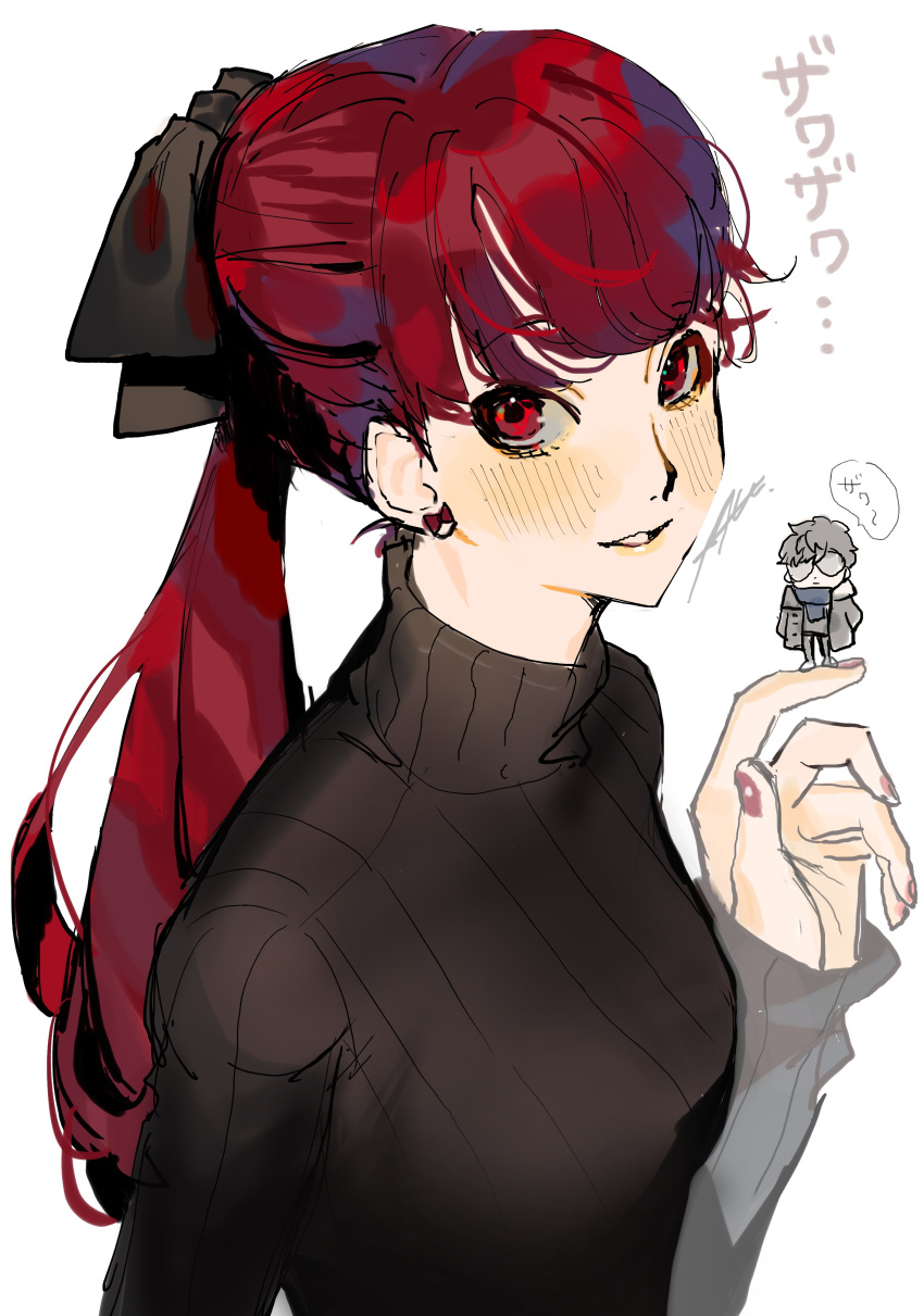 1boy 1girl absurdres amamiya_ren bangs black_hair black_jacket black_ribbon black_sweater blue_scarf blush breasts btmr_game earrings glasses hair_ribbon highres jacket jewelry long_hair long_sleeves medium_breasts on_finger parted_lips persona persona_5 persona_5_the_royal ponytail red_eyes red_hair ribbon scarf signature simple_background sweater upper_body white_background yoshizawa_kasumi