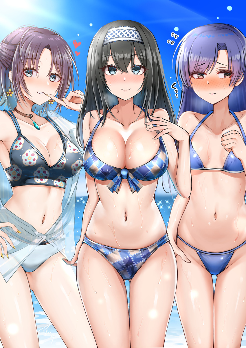 3girls absurdres ahoge armpits asakura_tooru ass_visible_through_thighs bangs bare_shoulders beach bikini black_bikini black_hair blue_bikini blue_eyes blue_hair blue_sky blush breasts brown_choker brown_eyes brown_hair checkered checkered_bikini choker cleavage closed_mouth cloud collarbone commentary_request cowboy_shot crossed_bangs day earrings embarrassed eyebrows_visible_through_hair finger_to_mouth flying_sweatdrops front-tie_bikini front-tie_top gradient_hair groin hair_between_eyes hairband half_updo hand_on_hip hand_on_own_chest hand_up heart highres idolmaster idolmaster_(classic) idolmaster_cinderella_girls idolmaster_shiny_colors jacket jewelry kisaragi_chihaya large_breasts light_rays long_hair looking_at_viewer looking_to_the_side mabanna midriff mismatched_bikini multicolored_hair multiple_girls navel nose_blush ocean off_shoulder outdoors parted_bangs parted_lips partially_unbuttoned sagisawa_fumika see-through short_hair sidelocks skindentation sky small_breasts smile standing sunbeam sunlight sweat swimsuit thigh_gap
