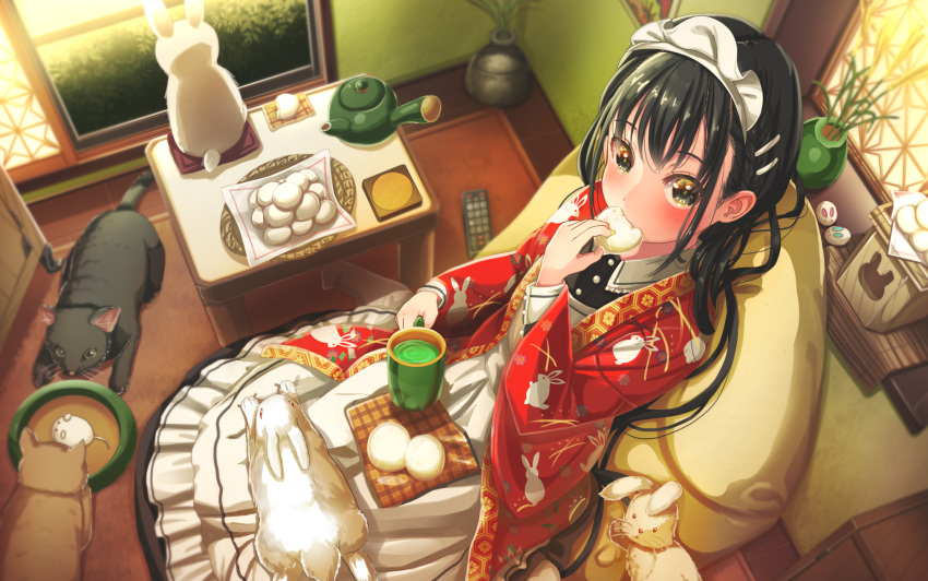 1girl abo_(kawatasyunnnosukesabu) animal animal_print black_eyes black_hair bunny bunny_print cat controller dango eating food haori highres indoors japanese_clothes long_hair maid maid_headdress original remote_control sitting tea teapot tsukimi_dango wagashi